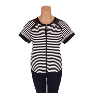 Lafayette 148 Short Sleeve Striped Zip Front Top Size Small Black White $298US